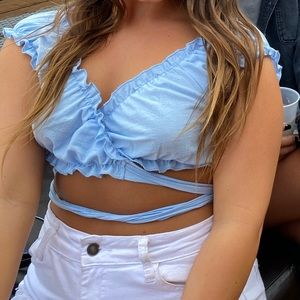 Blue tie around crop top